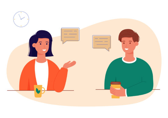 Woman and a man are talking to each other. Two employees are chatting and discussing the news. Friends conduct a dialogue about their affairs and hobbies. Speech bubble. Vector illustration