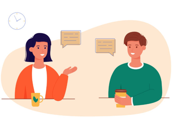 Woman and a man are talking to each other. Two employees are chatting and discussing the news. Friends conduct a dialogue about their affairs and hobbies. Speech bubble. Vector illustration