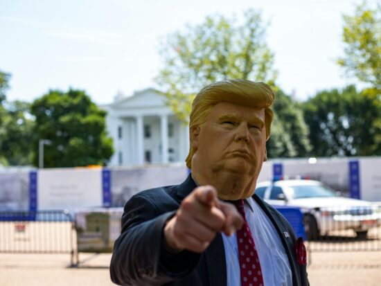 Donald Trump (impersonator) at the White House, Washington DC.