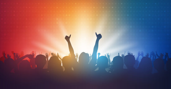 Silhouette of people raise hands up in concert and digital dot pattern. on red and blue color background